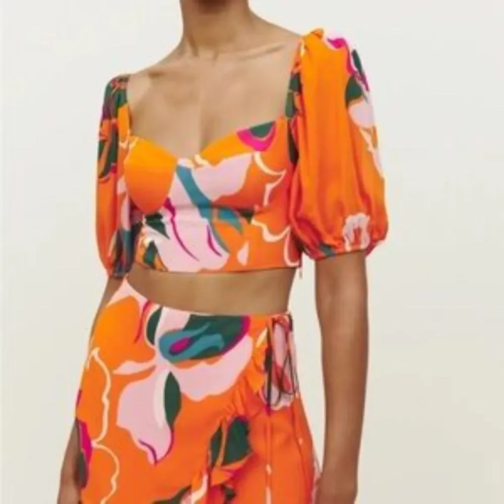 Reformation Orange Tropical Print Cropped Tank Puff Sleeve Beachy Womens Size 4